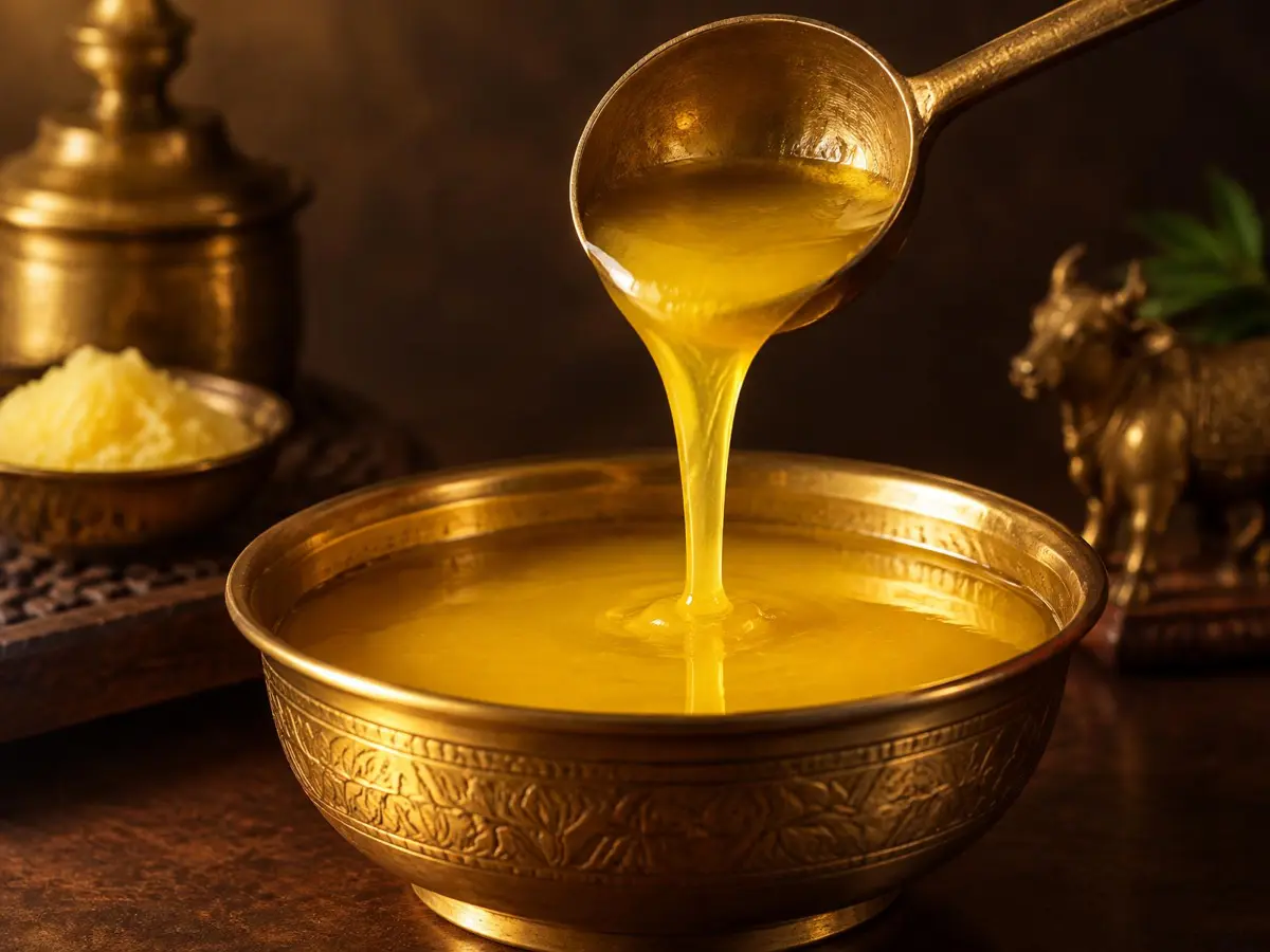 Desi ghee poured from a brass ladle
