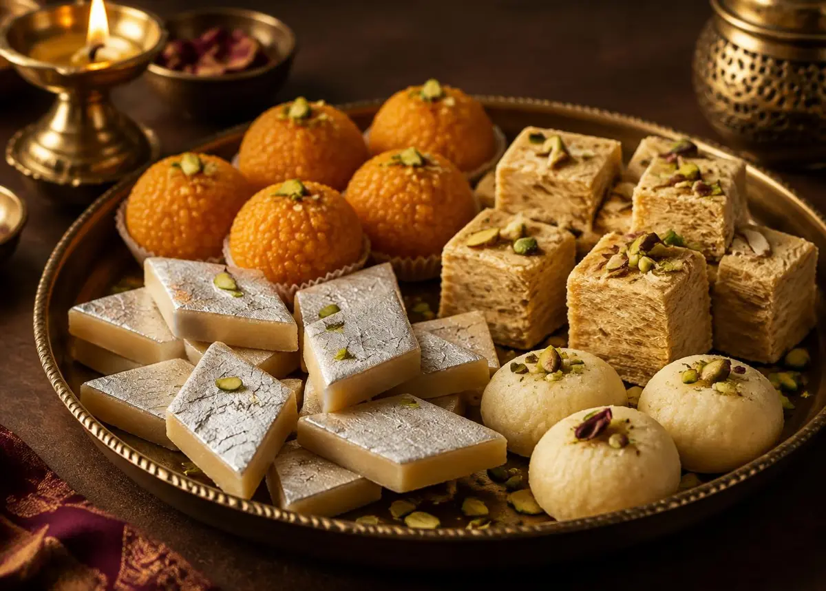 Assorted Indian sweets on a brass thali